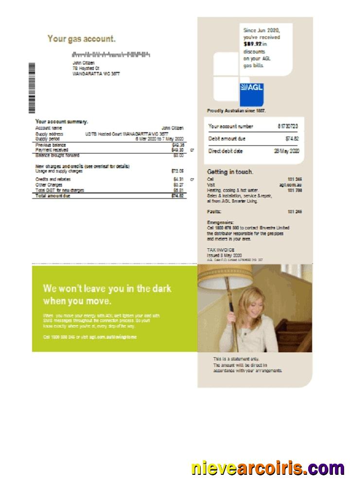 Australia AGL gas utility bill